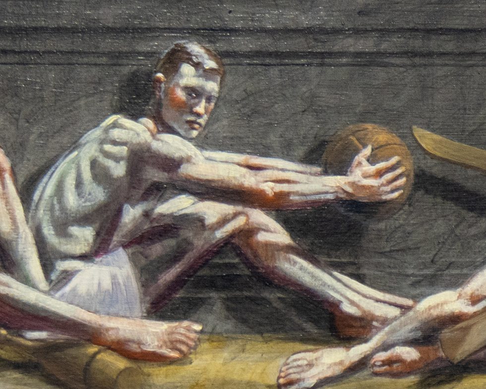 A painting of a man holding a medicine ball.