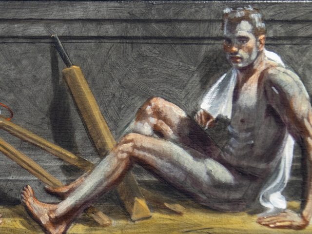 A painting of a man holding a towel.