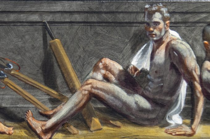 A painting of a man holding a towel.