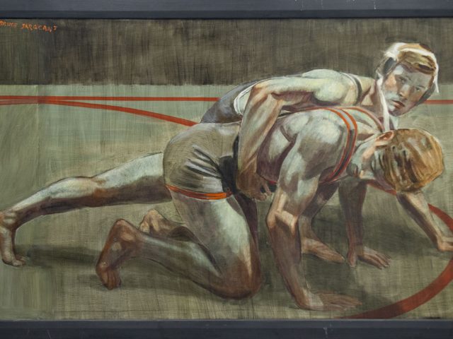 A painting of two wrestlers on a mat.