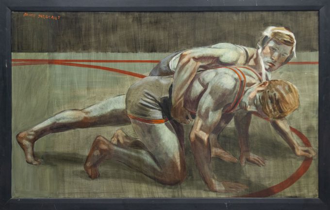 A painting of two wrestlers on a mat.
