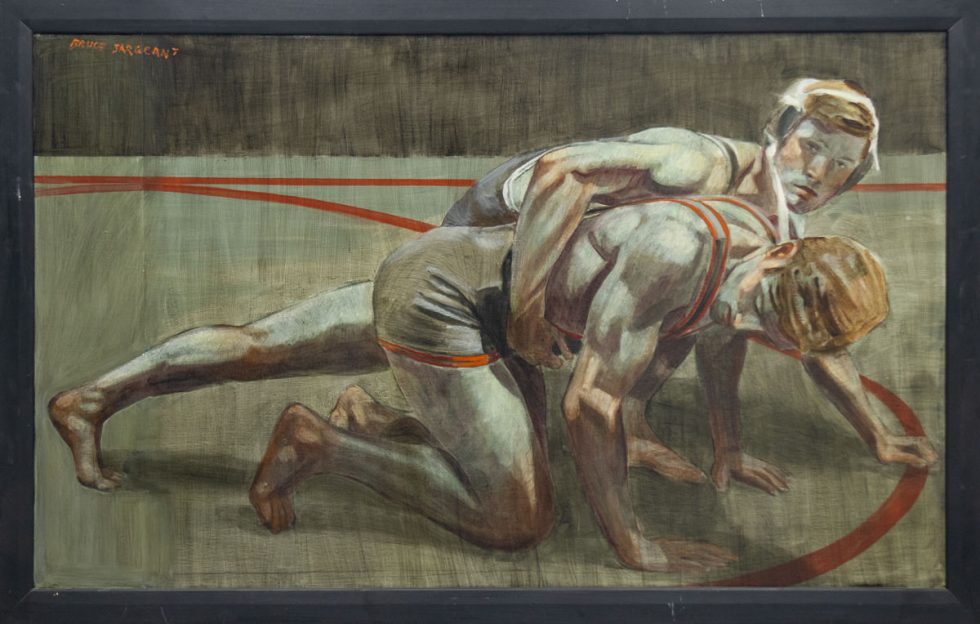 A painting of two wrestlers on a mat.