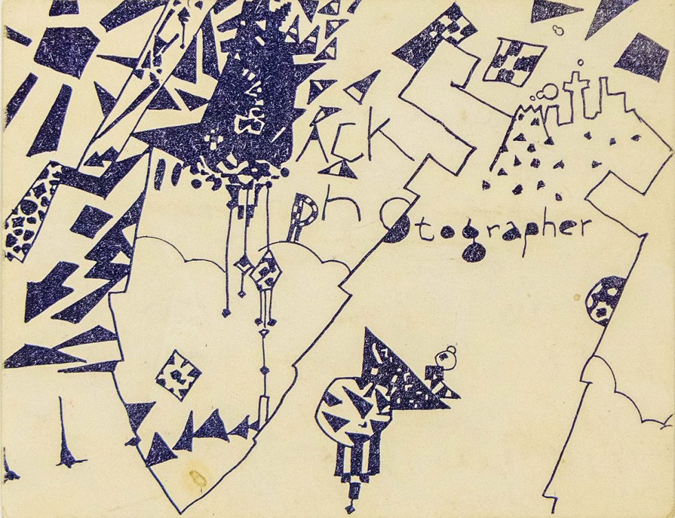 Click to go back. A business card with jagged, geometric, abstract shapes in dark blue.