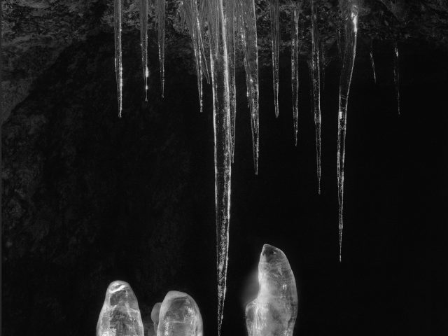 A black and white image of ice formations.
