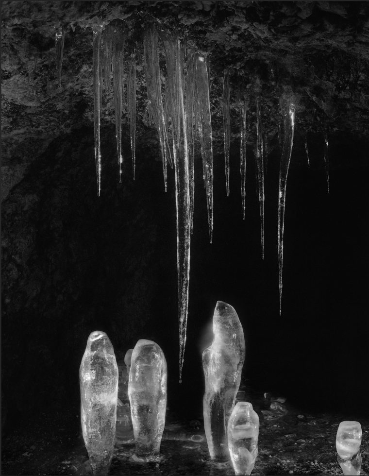 A black and white image of ice formations.