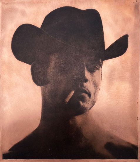 An image of a cowboy with a hat and cigarette on copper.