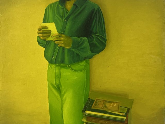 A painting of a man holding a piece of paper.