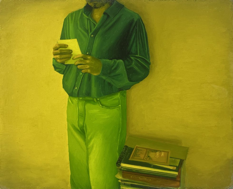 A painting of a man holding a piece of paper.