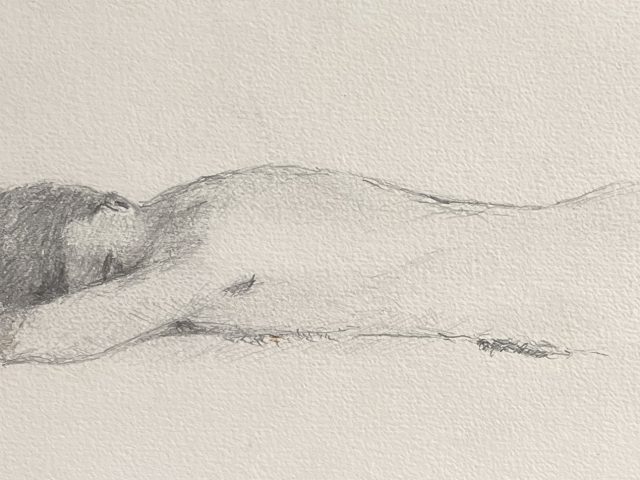 A graphite drawing of a nude male figure.
