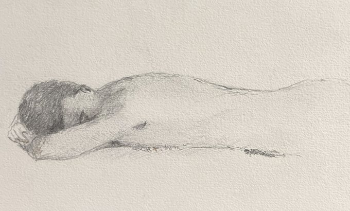 A graphite drawing of a nude male figure.