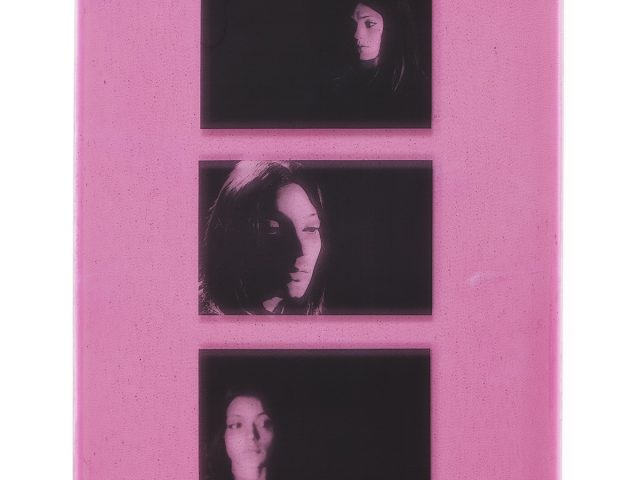 A pink piece of glass with three images on it.