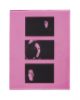 A pink piece of glass with three images on it.