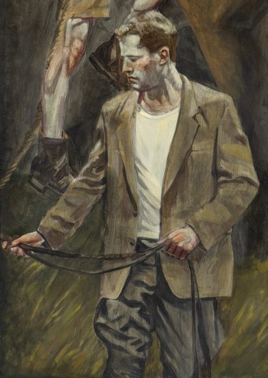 This is a painting of man in a sports jacket looking down and to the side.