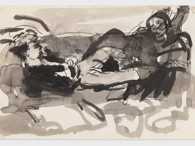 A drawing of two nude figures on a sofa.