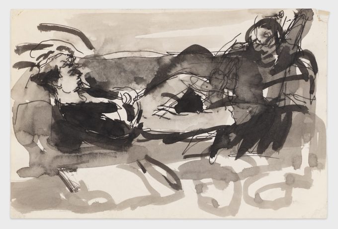 A drawing of two nude figures on a sofa.