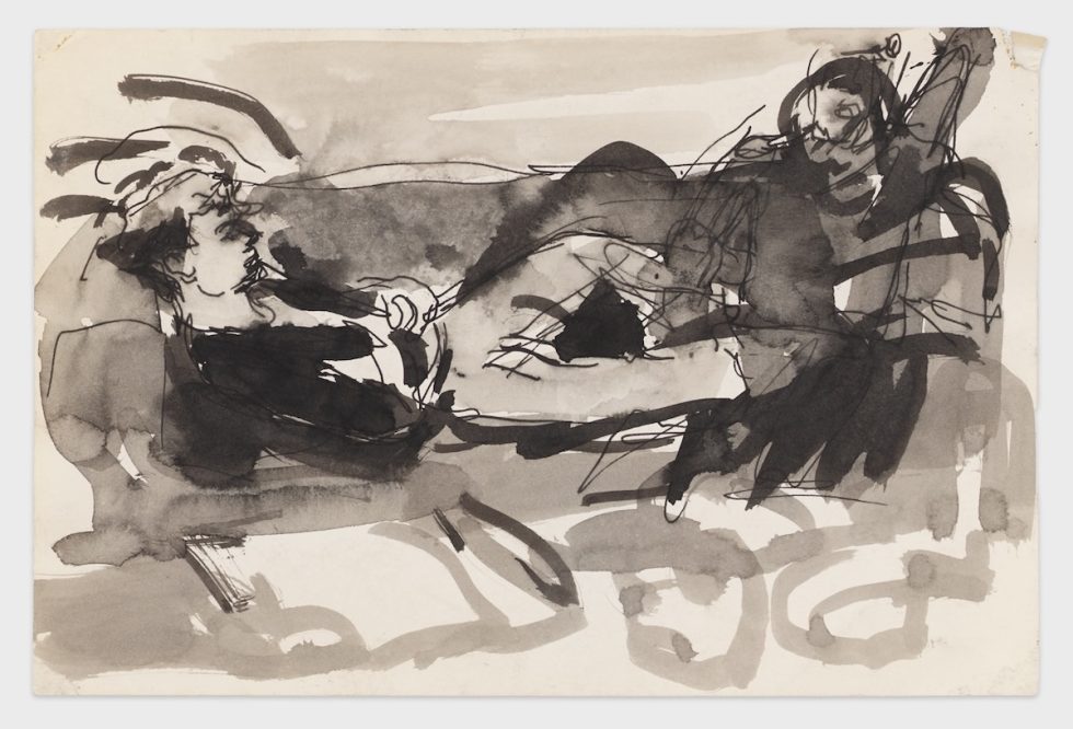 A drawing of two nude figures on a sofa.