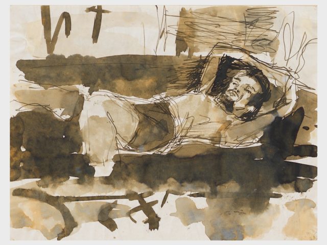 A drawing of a man reclining on a sofa.