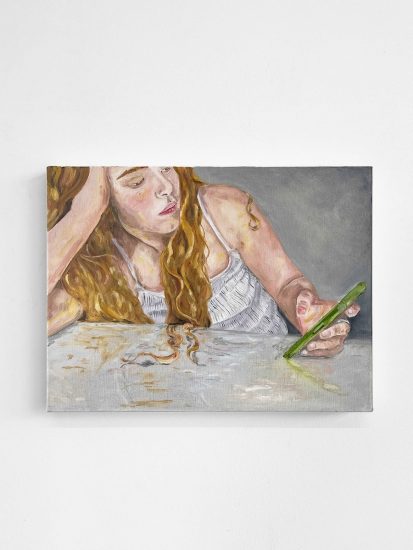 A painting of a woman using her phone.