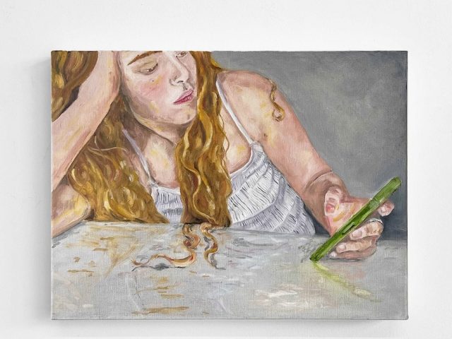 A painting of a woman using her phone.