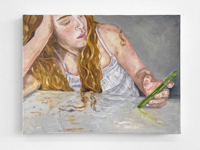 A painting of a woman using her phone.