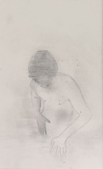 A graphite drawing of a nude male figure.