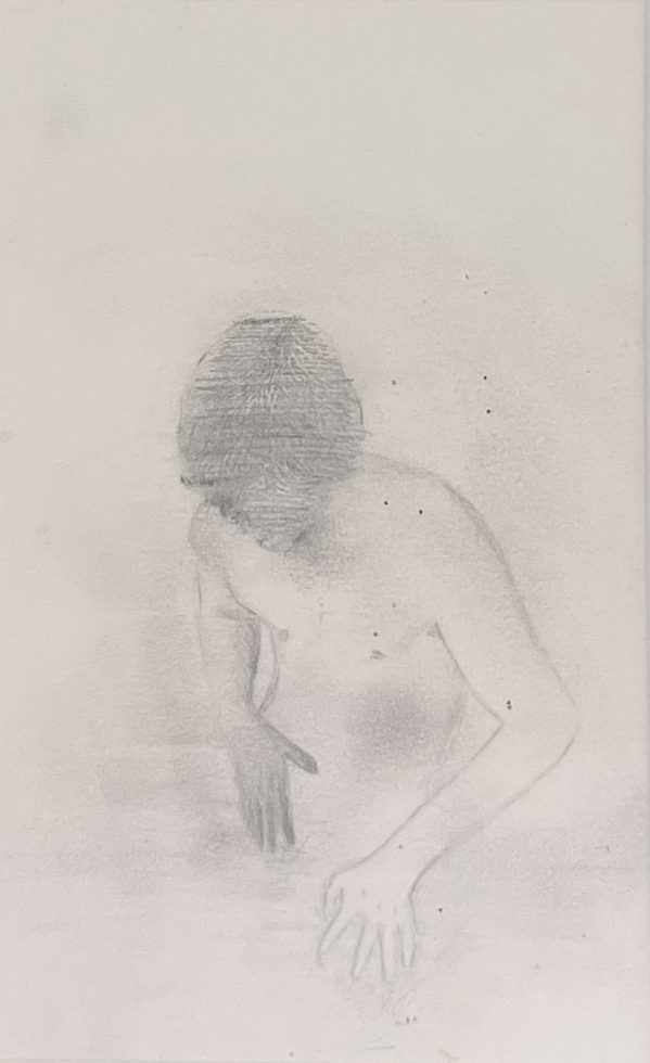 A graphite drawing of a nude male figure.