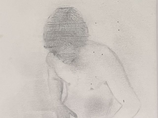 A graphite drawing of a nude male figure.