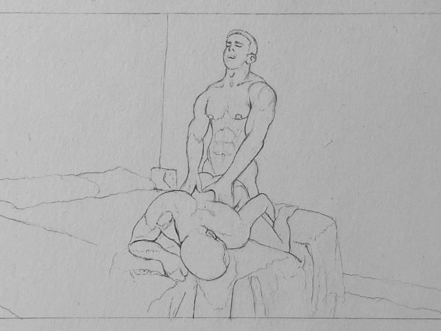 A pencil drawing on paper of two gay men having sex.