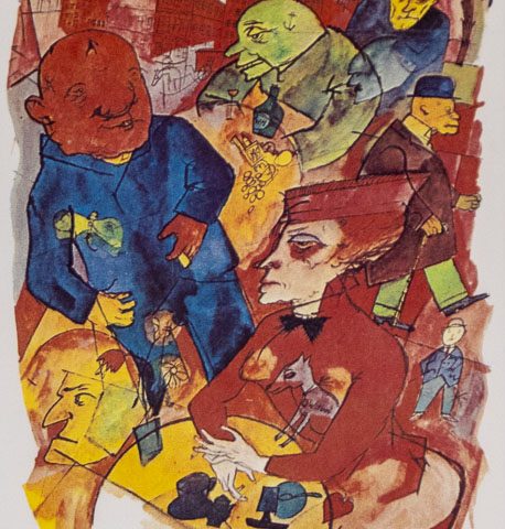 A colorful image of people at a cafe.