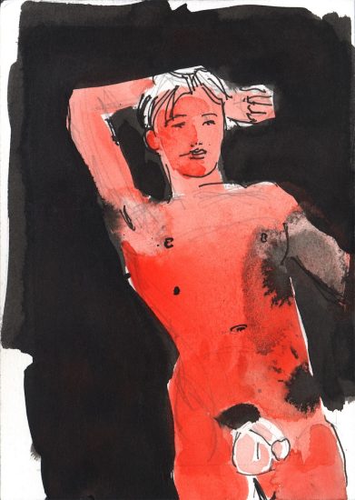 A red figure in the nude against a dark background.