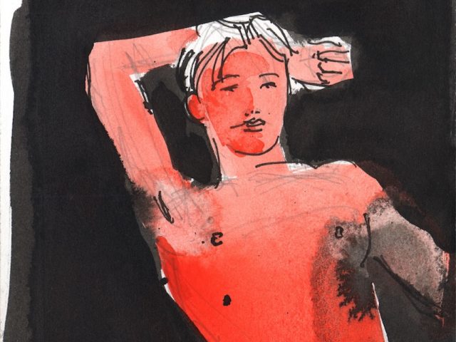A red figure in the nude against a dark background.