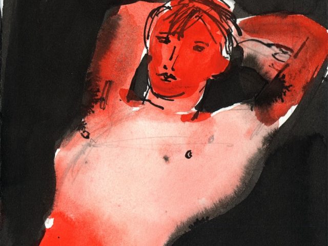 A red figure against a black backdrop.
