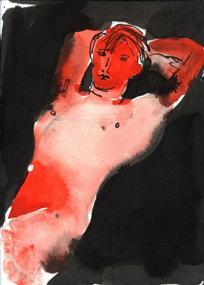 A red figure against a black backdrop.