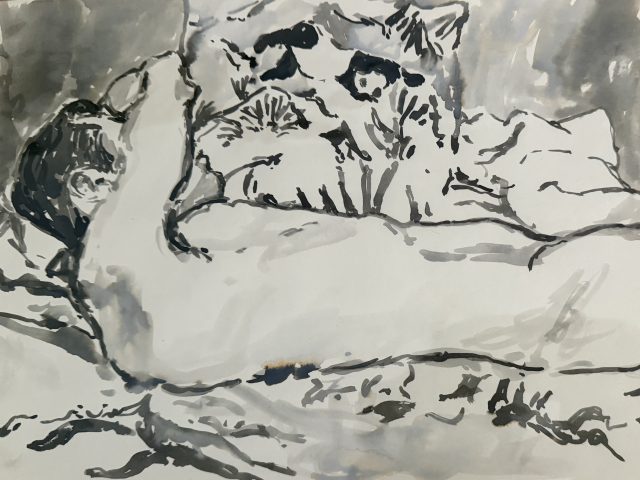 A drawing of a nude figure in a bed.