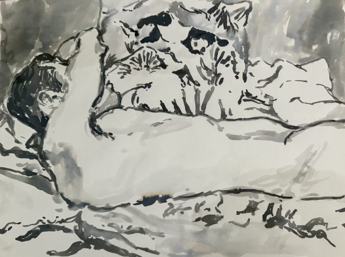 A drawing of a nude figure in a bed.