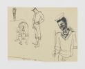 A drawing of sailors on cream paper.