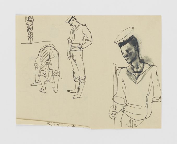 A drawing of sailors on cream paper.