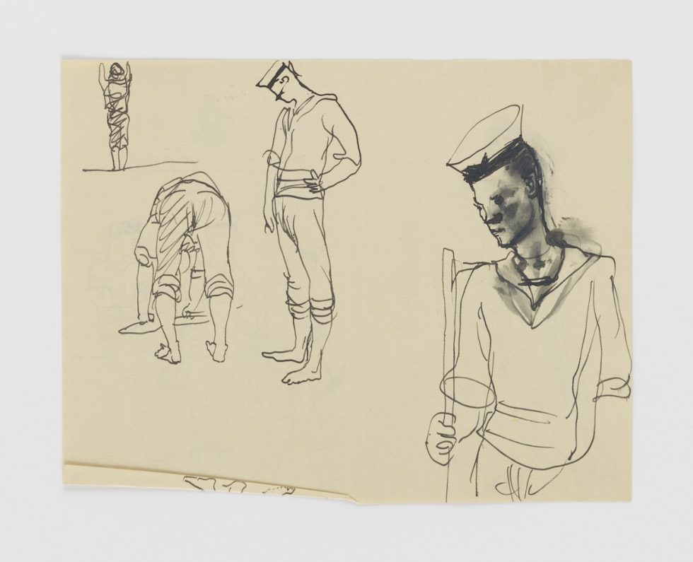 A drawing of sailors on cream paper.