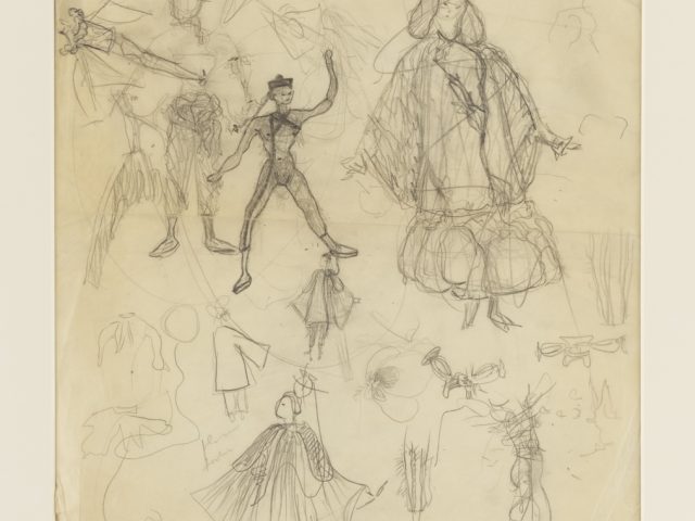 A drawing of figures on cream paper.