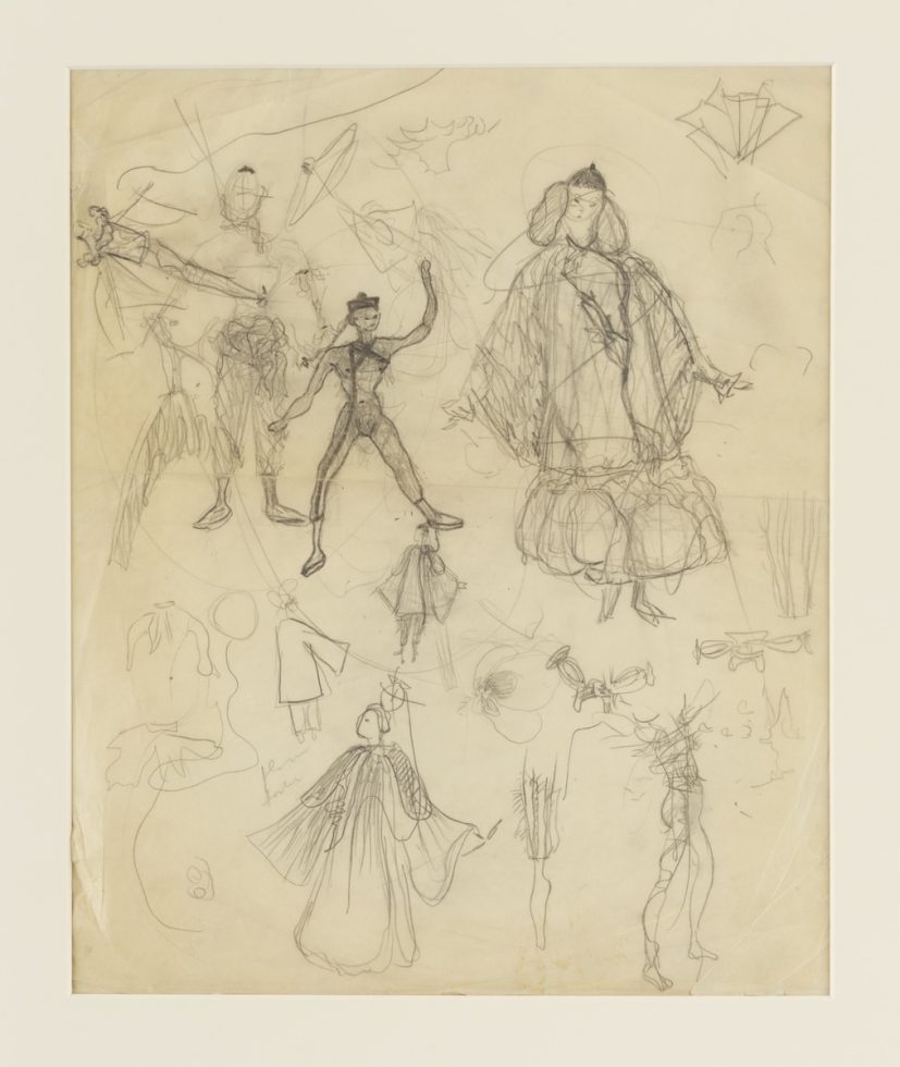 A drawing of figures on cream paper.