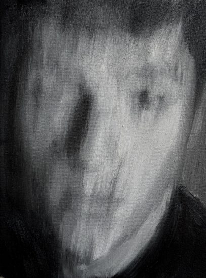 A black and white painting of a young man's face.