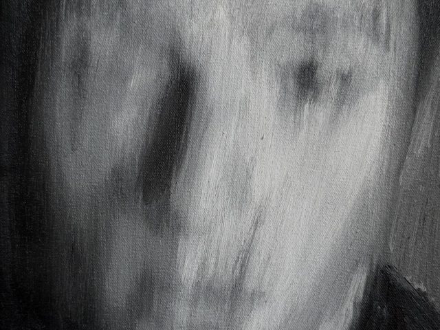 A black and white painting of a young man's face.