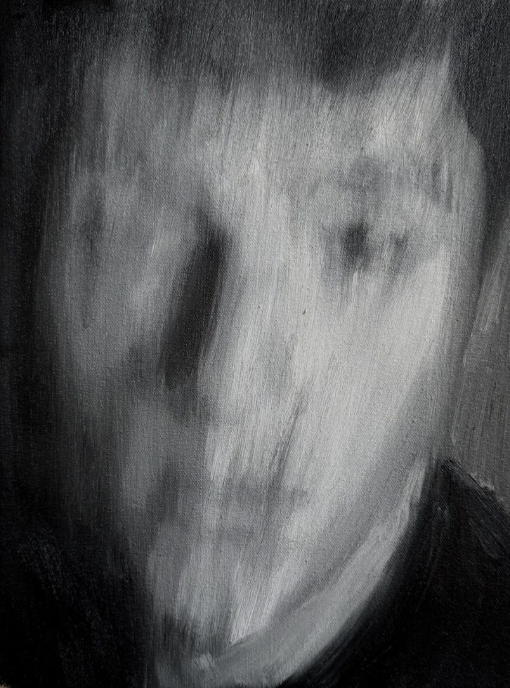 A black and white painting of a young man's face.