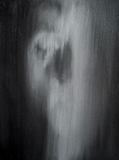 A black and white painting of a ghostly figure.
