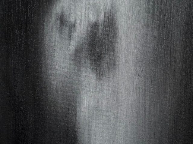 A black and white painting of a ghostly figure.
