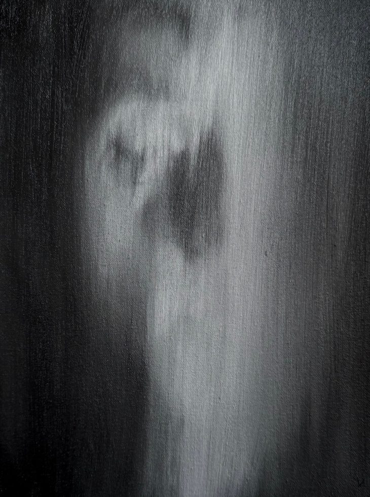 A black and white painting of a ghostly figure.