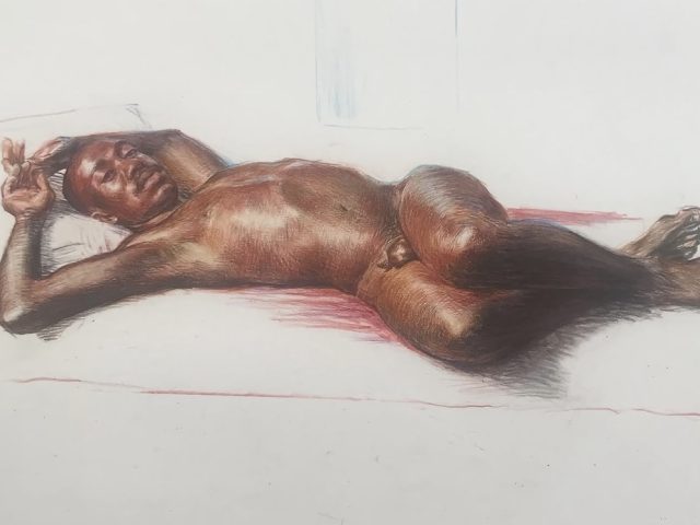 A drawing of a nude man reclining.