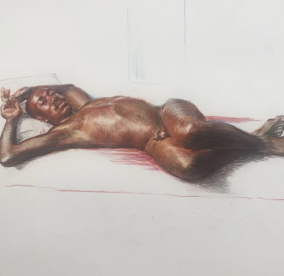 A drawing of a nude man reclining.
