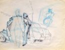 A scene with a car rendered in blue ink.