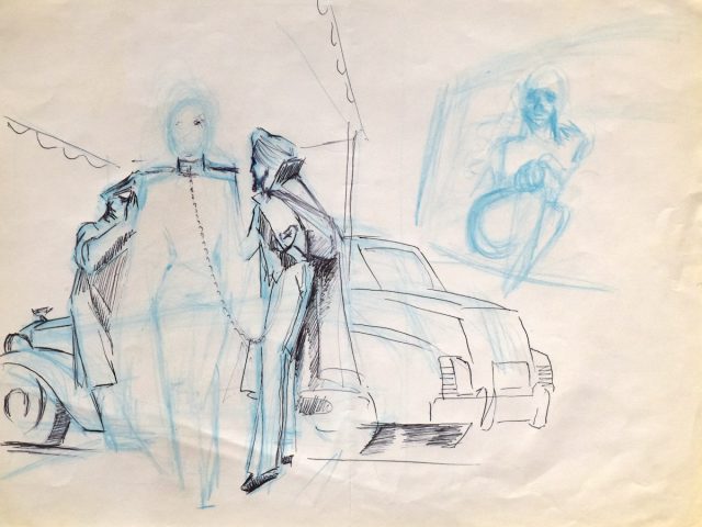 A scene with a car rendered in blue ink.